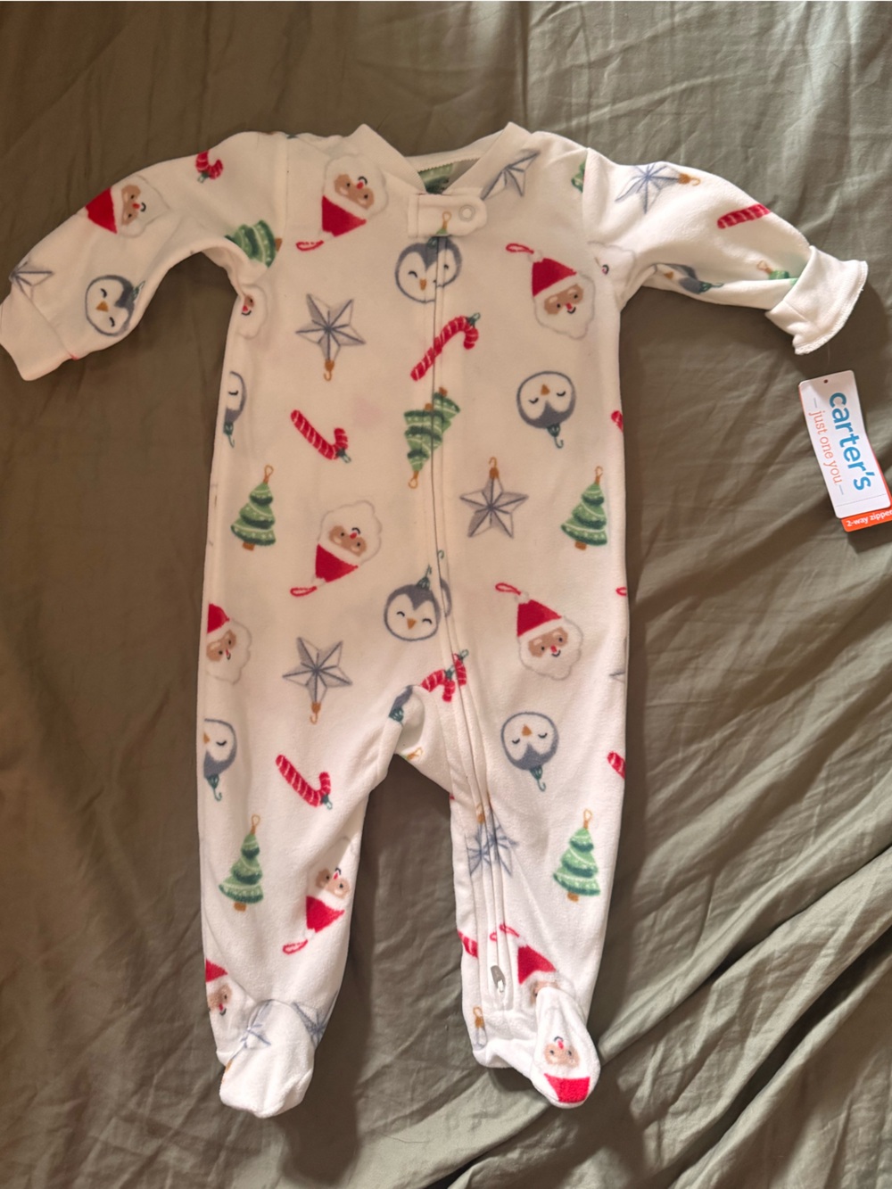 Carter's White Holiday Penguin & Santa Fleece Footed One-Piece